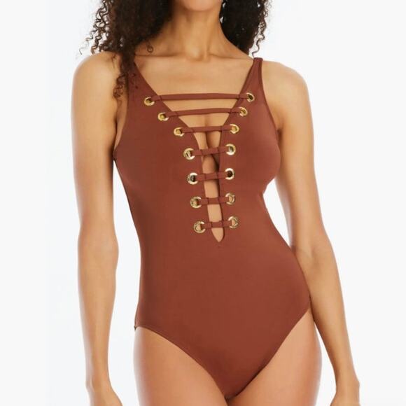 Bleu Rod Beattie Hole In One Plunge Strappy Lace Up Pecan One Piece Swimsuit NWT - Picture 1 of 8
